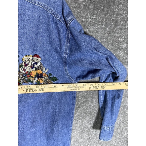 Vintage Quizz Again Embroidered Bears Fall Harvest Denim Shirt Womens Size Small - Picture 6 of 7